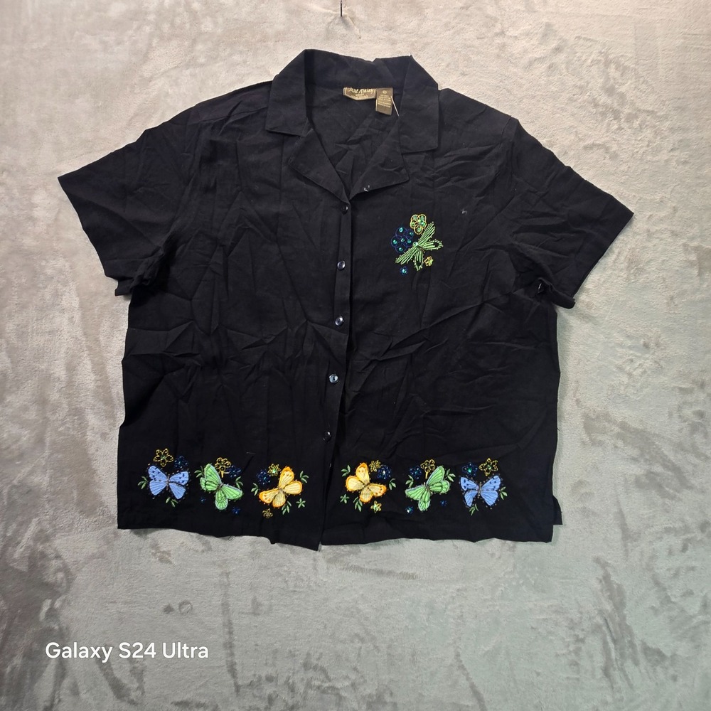Jane Ashley Shirt Women 2X Black Embroidered Butterfly Cotton Collared Button Up